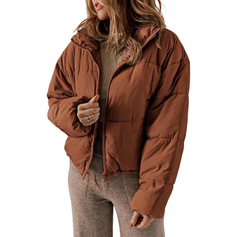Womenâs Brown 100% Polyester Warm Zip-Up Classic Quilted Puffer Jacket